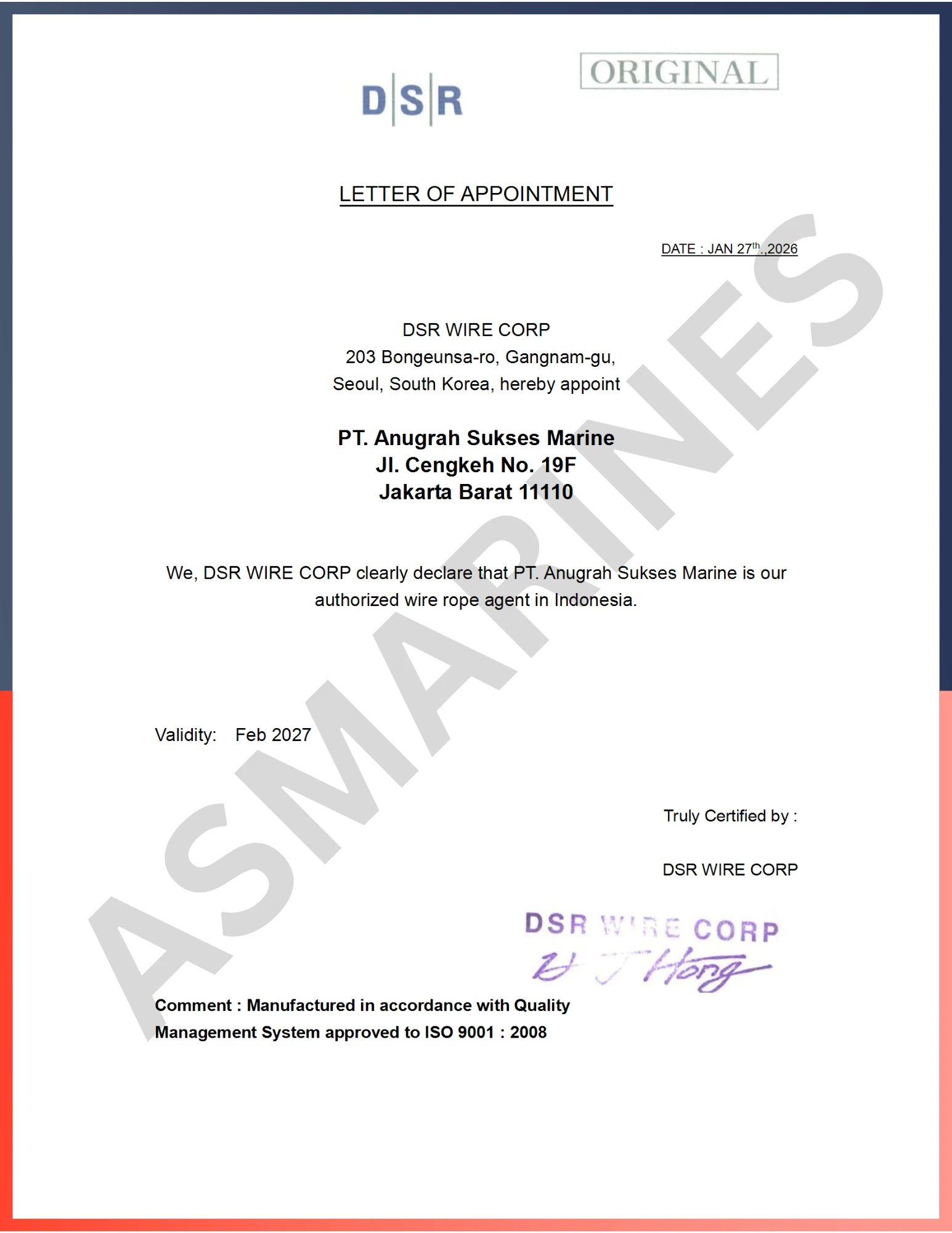 Agency Letter DSR Wire Rope